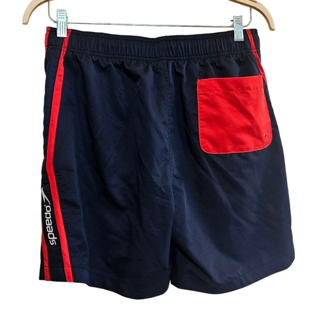 Speedo Mens Navy Blue Red Striped Swim Trunks Mesh Lined Board Shorts Medium